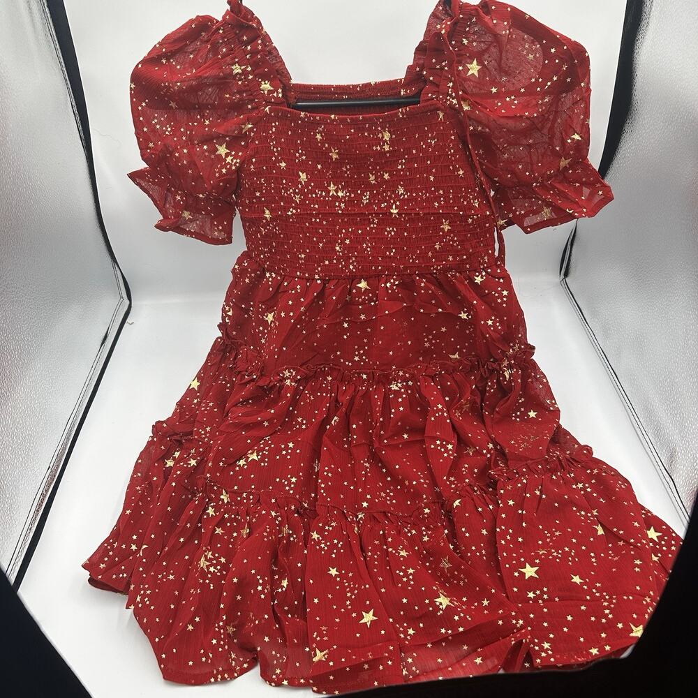 Girls Red Star Print Puff Sleeve Dress – Size 120 – Smocked Bodice – Unbranded